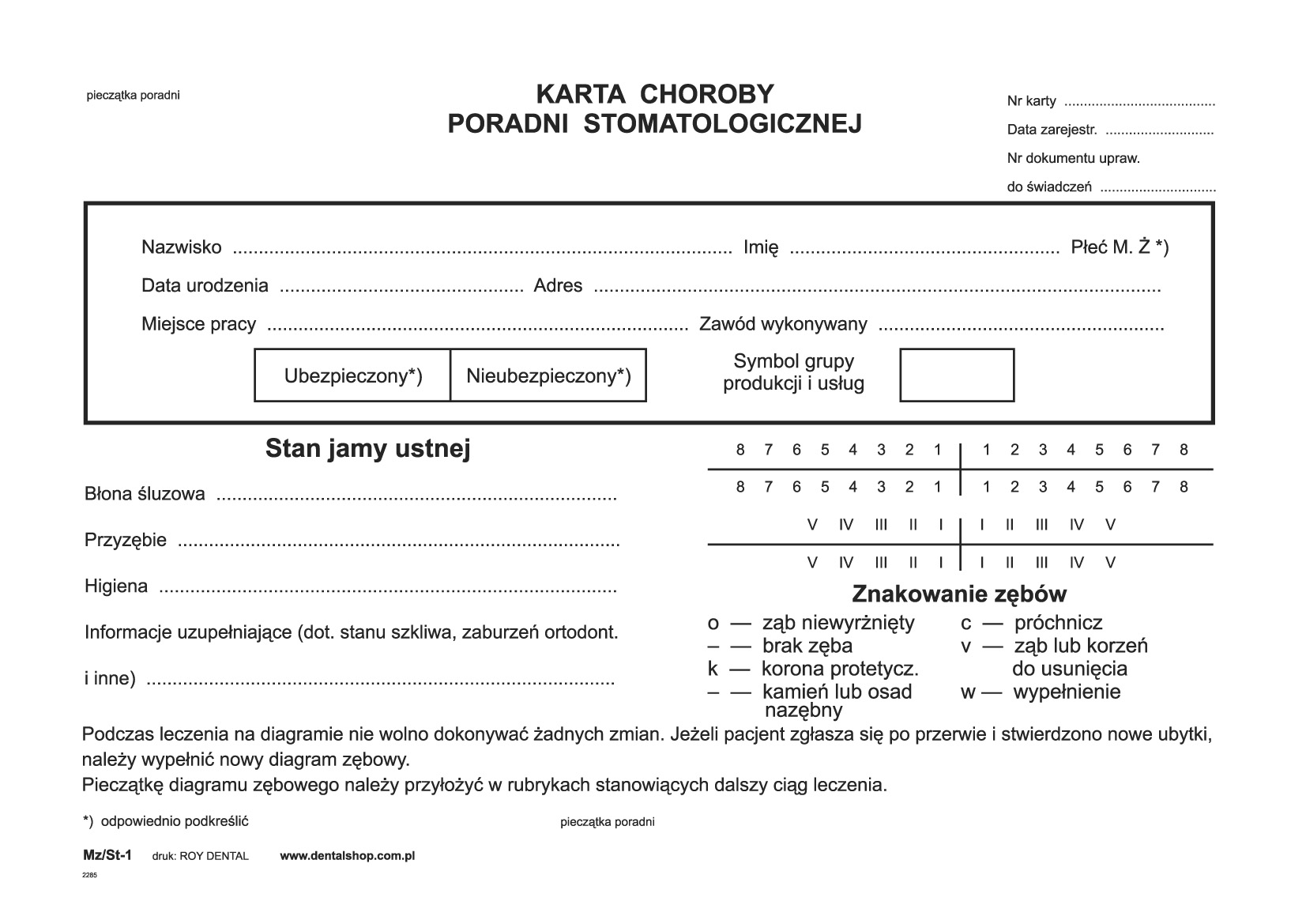 Karta Stomatologiczna/ Karta pacjenta - op 100 sztuk typ 1 - sklep