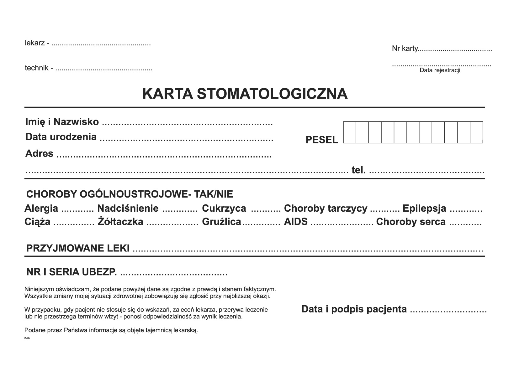 Karta Stomatologiczna/ Karta pacjenta - op 100 sztuk typ 3 - sklep